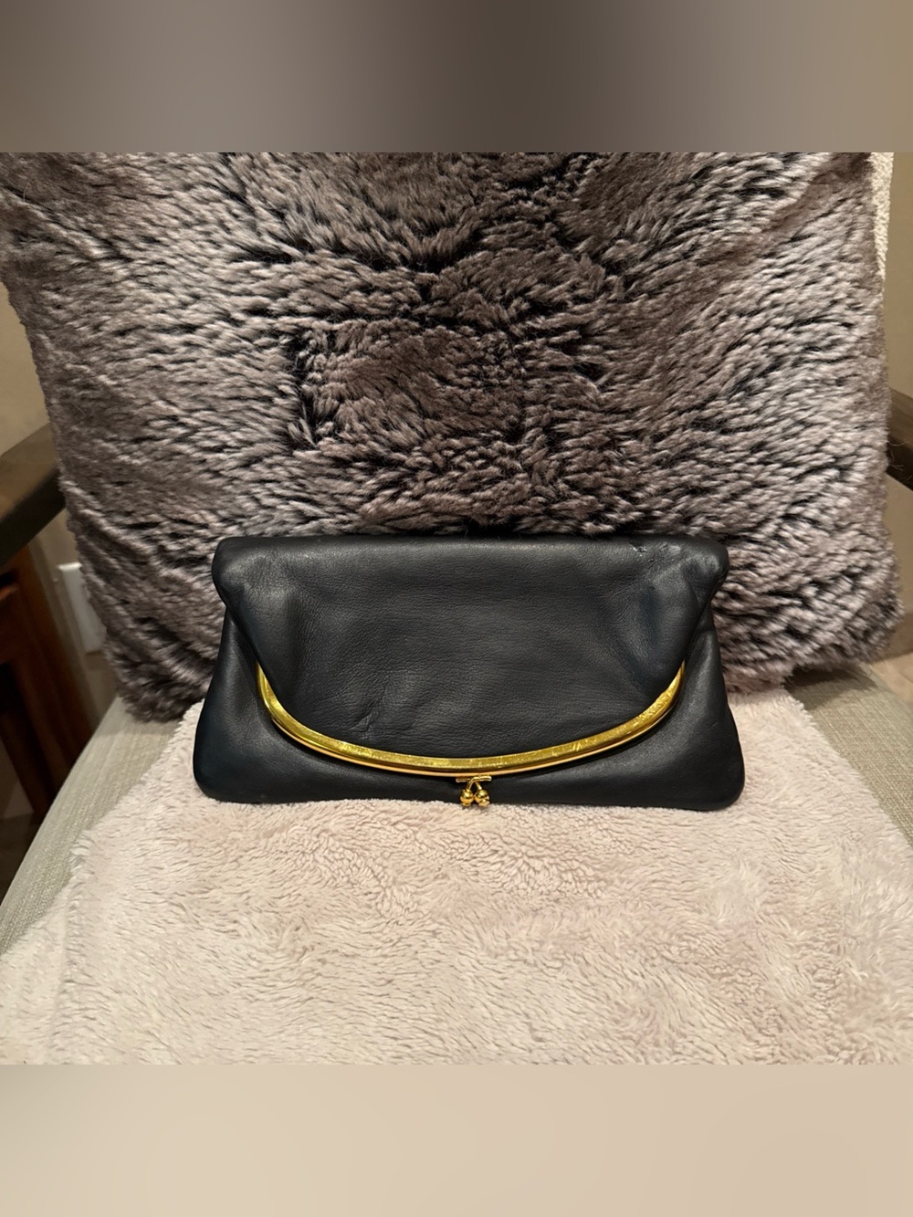 Vintage Black Leather Fold Over Clutch with Gold  Kisslock Custom made by Henri